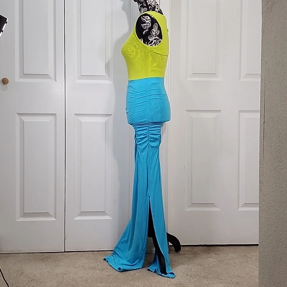 Bebe Neon Green And Teal Ruched Maxi Dress S - Picture 4 of 10